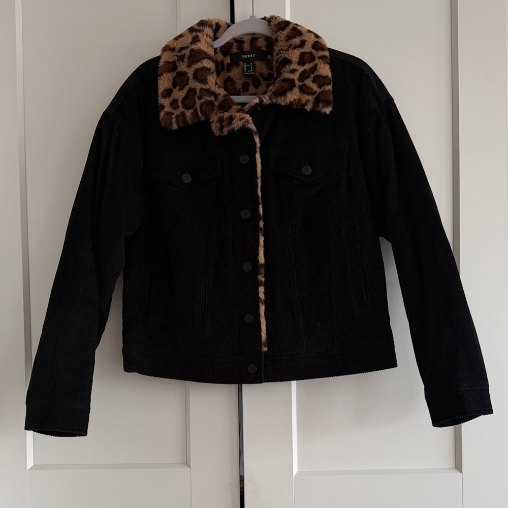 Forever 21 Leopard Collar Black Corduroy Jacket - Size Medium